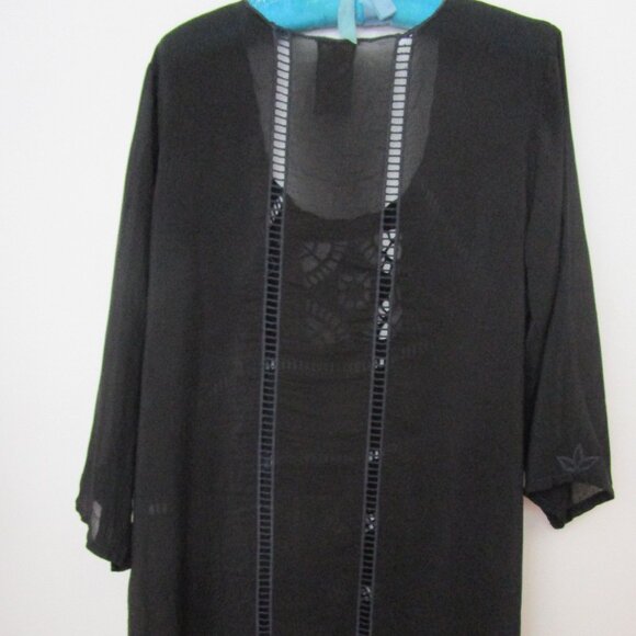 Eyelet Embroidery Shift Dress Arts Craft Black Rayon - Picture 5 of 10